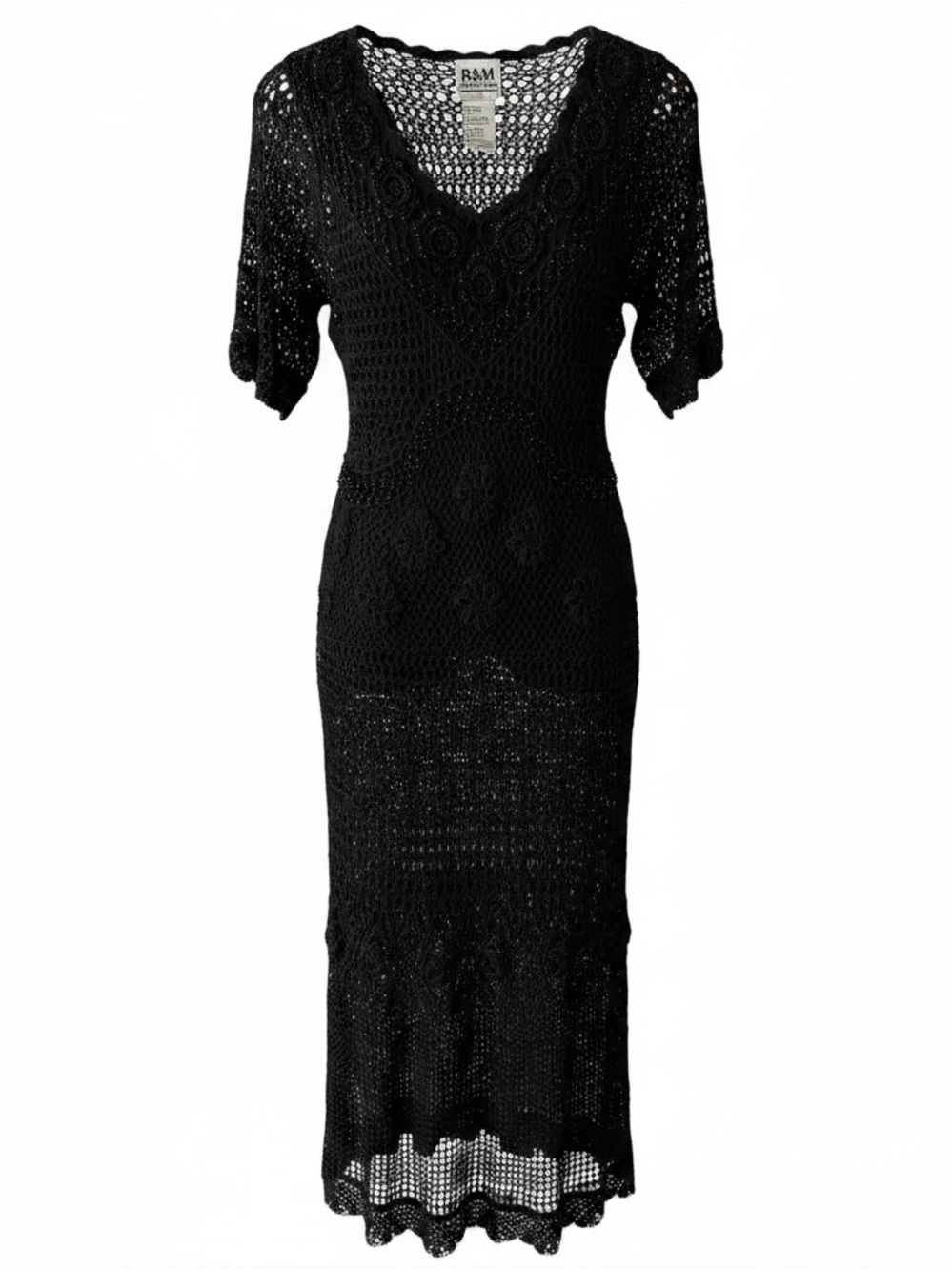 VTG R&M Richards Black Beaded Crochet Maxi Dress Whimsigoth Fairy Y2K XS/S